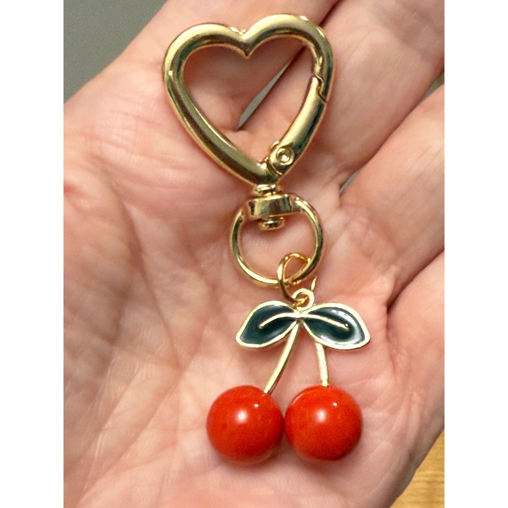 Keychain Red Cherry Heart Clasp Gold Tone Enamel Retro Kawaii Coquette